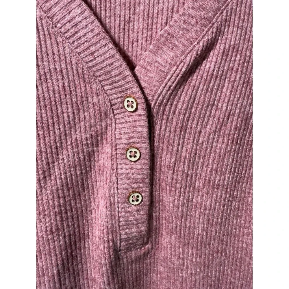 LOFT Women‎ Pink Ribbed Henley V-Neck Puff Sleeve Top Size L Mauve Long Sleeve